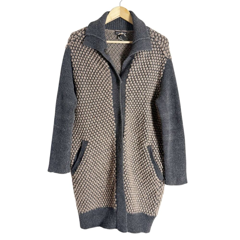 Antik Batik Chunky Knit Gray Tan Alpaca Wool Long Cardigan Sweater Size Medium